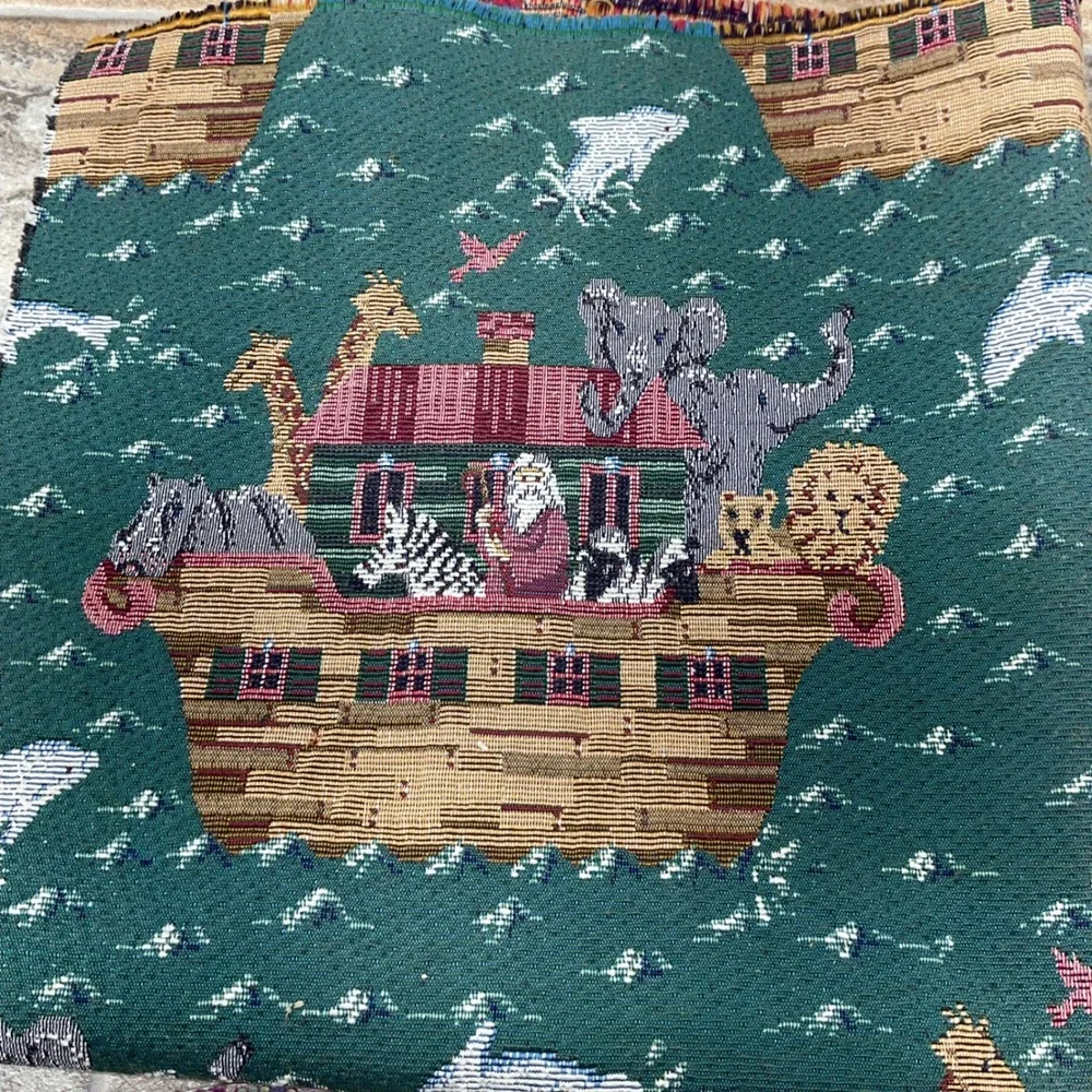 Vintage Noahs Ark Woven Tapestry Fabric Remnant Green Animal Print 26x29
